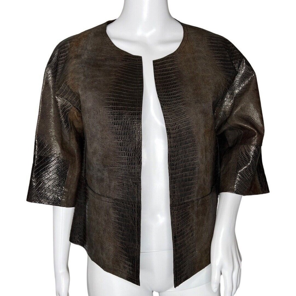 Lafayette 148 New York Brown Croc Embossed Open Front Bolero Shrug Crop Jacket 2
